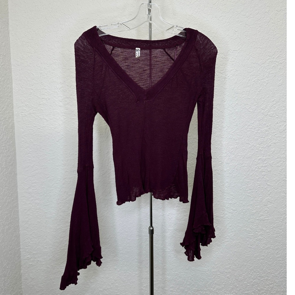 Free People Intimately Plum Burgundy V-Neck Ruffle Bell Sleeve Top XS
